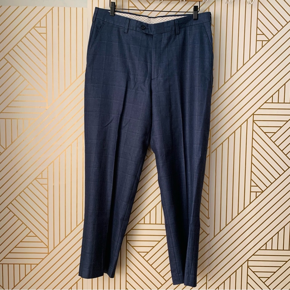 Barry Bricken 100% wool window pane plaid navy blue  slacks dress pants 36 x 30